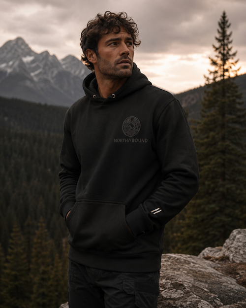 NORTH//BOUND Explorer Hoodie black front lifestyle view