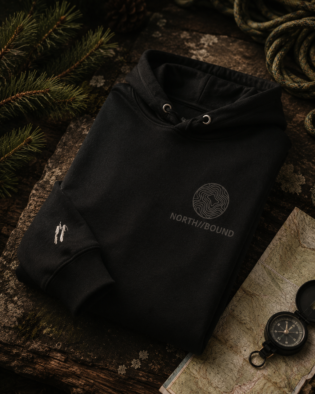 NORTH//BOUND Explorer Hoodie outdoor flat lay