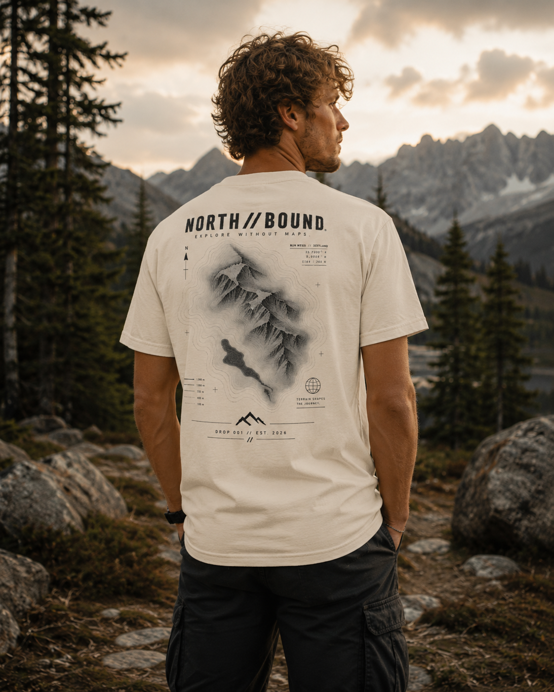 NORTH//BOUND Sand Topographic Tee back view with terrain graphic