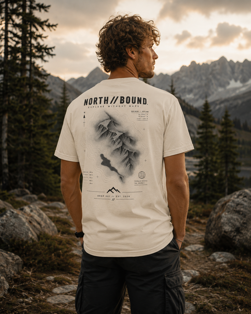 NORTH//BOUND Sand Topographic Tee back view with terrain graphic