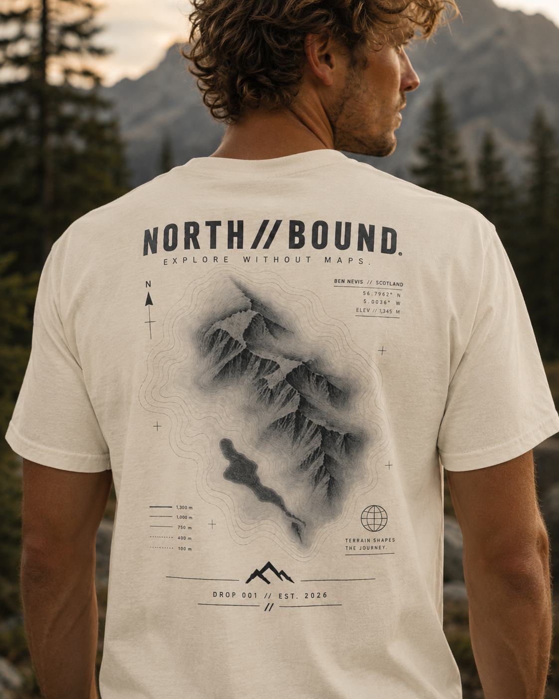 Close-up of topographic mountain back print on NORTH//BOUND t-shirt