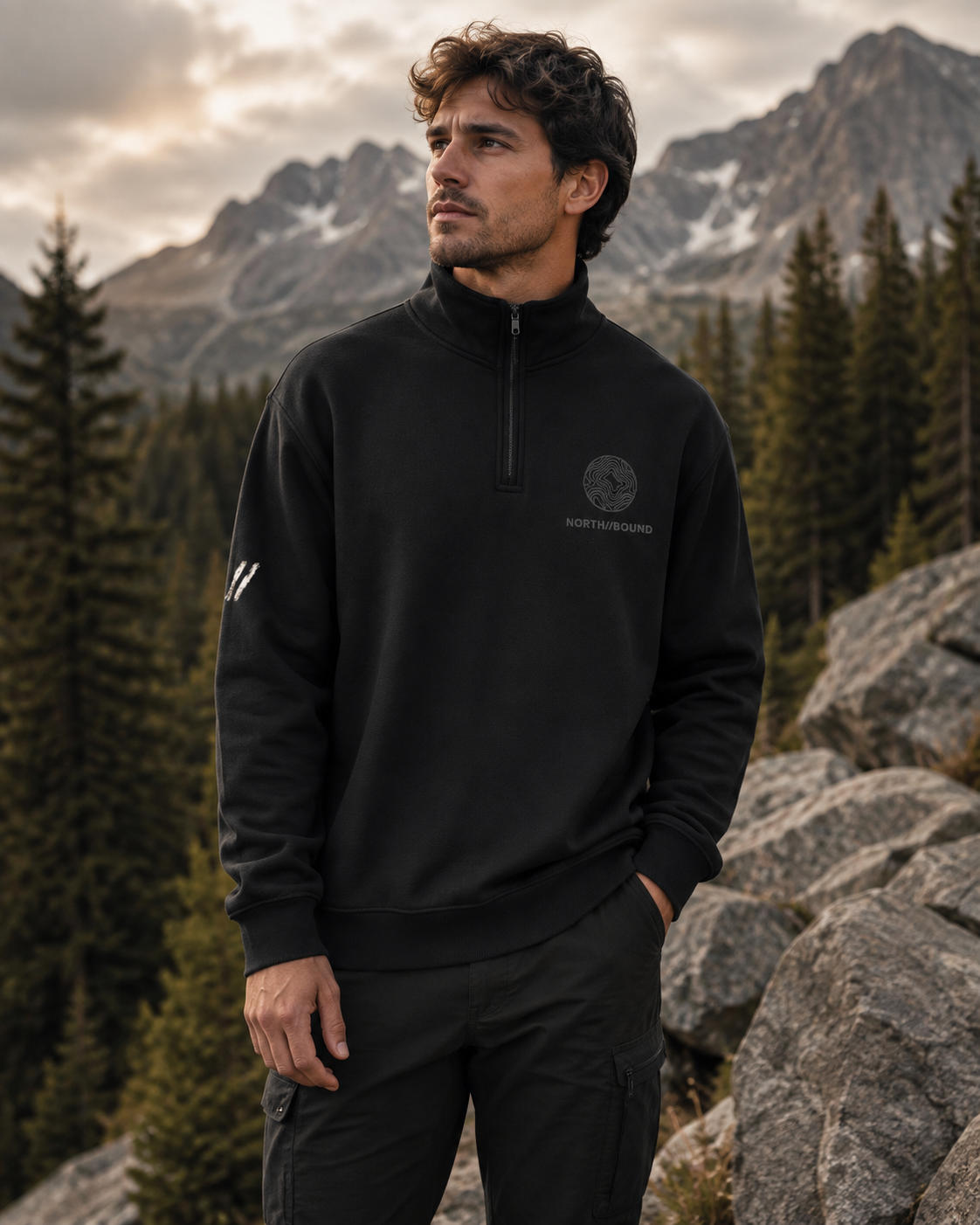 NORTH//BOUND Traverse black quarter-zip sweatshirt front view