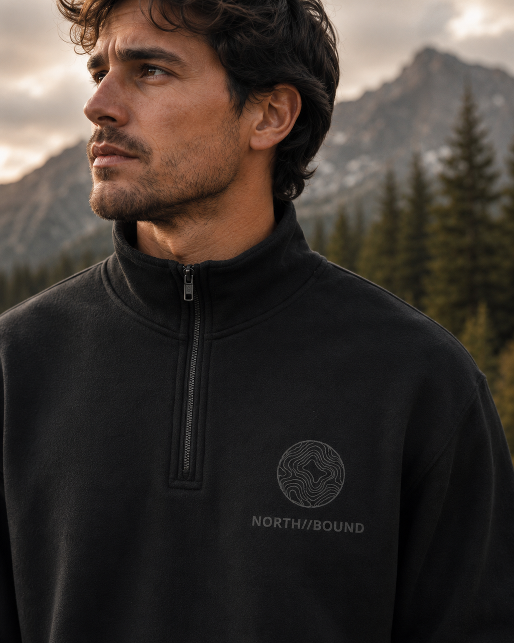 NORTH//BOUND topographic chest logo on black Traverse Quarter-Zip