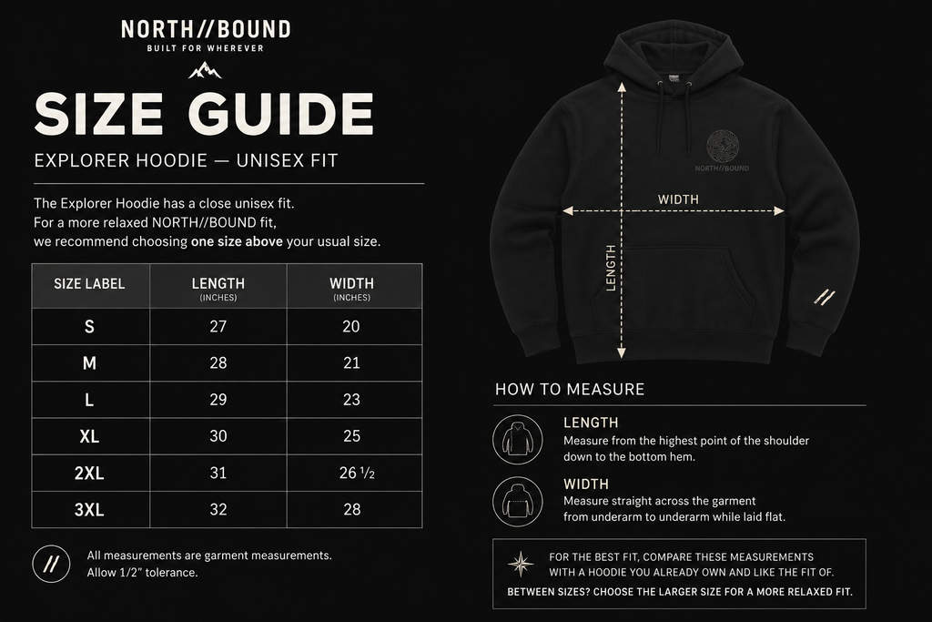 NORTH//BOUND Explorer Hoodie size guide S to 3XL