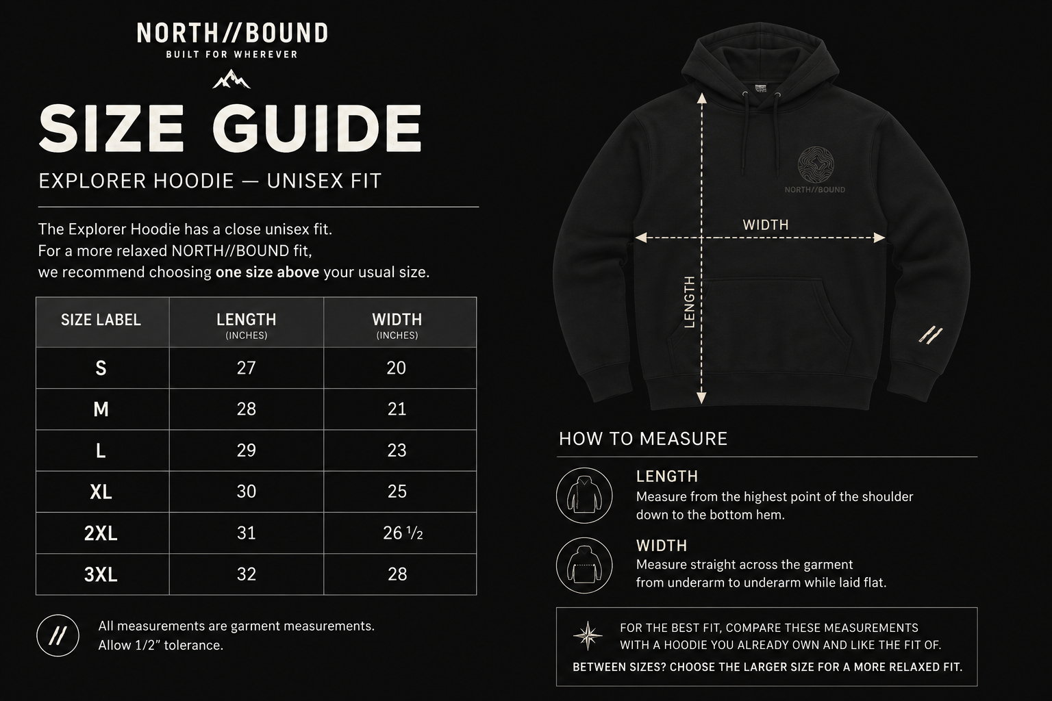 NORTH//BOUND Explorer Hoodie size guide S to 3XL