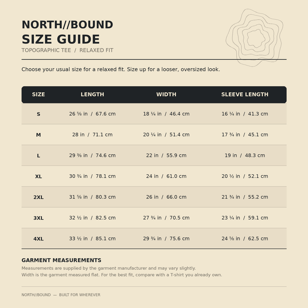 A size guide table for NORTHBOUND relaxed-fit topographic tee shirts, showing sizes S through 4XL with measurements for length, width, and sleeve length on a beige background.