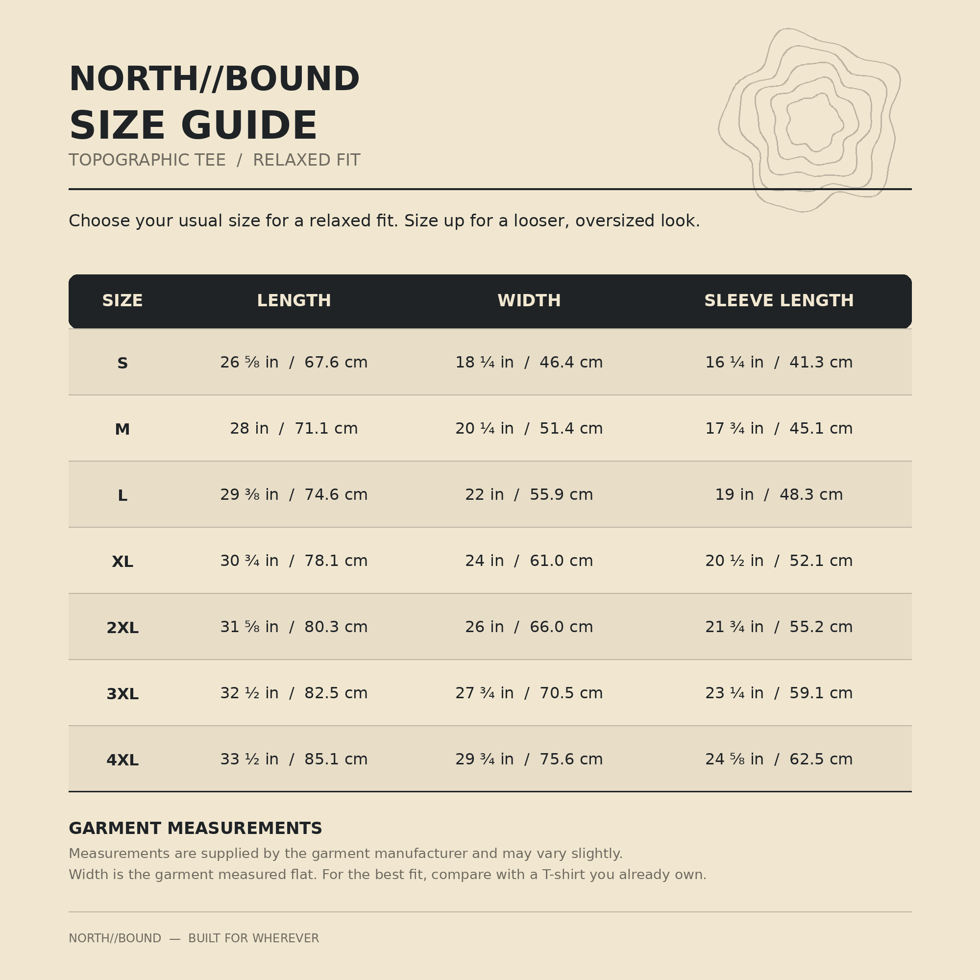 A size guide table for NORTHBOUND relaxed-fit topographic tee shirts, showing sizes S through 4XL with measurements for length, width, and sleeve length on a beige background.